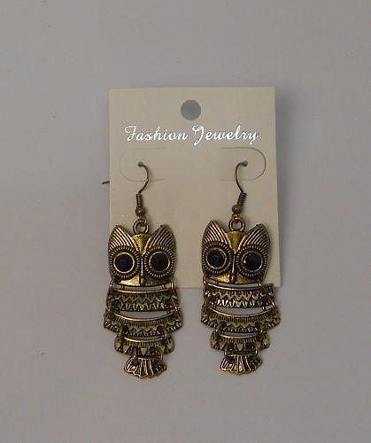 Women Owl Earrings Black Rhinestones Drop Dangle Gold Tones Hook Fasteners FASHI