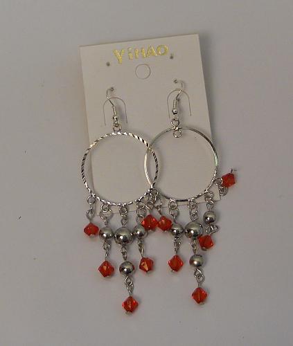 Women Red Beaded Earrings Drop Dangle Silver Tones Hook Fasteners YIHAO JEWELRY