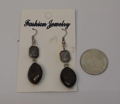 Women Brown Stone Earrings Drop Dangle Silver Tones Hook Fasteners FASHION JEWEL