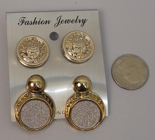 Women 2 Pair Huggie Earrings Glitter Gold Tones Push Back Fasteners FASHION JEWE