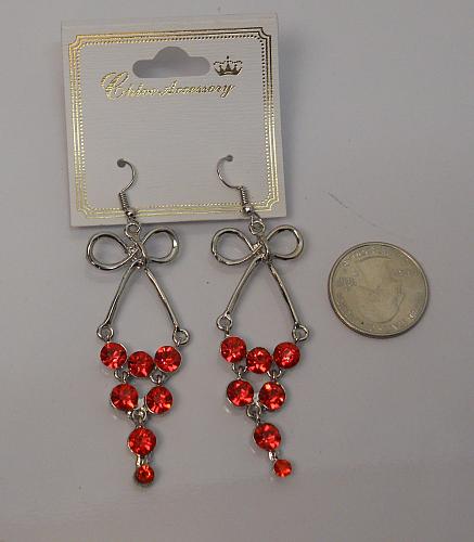 Women Bow Earrings Red Rhinestones Drop Dangle Silver Tones Hook Fasteners CHLOE
