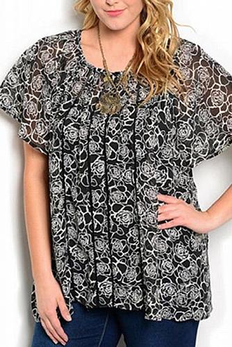 Tunic Top Womens PLUS SIZE 1XL SUPER B Sheer Black Ivory Floral Batwing Sleeves