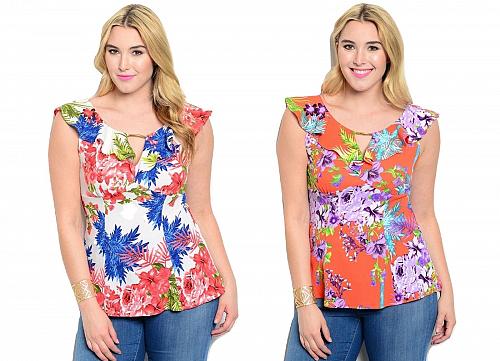 VIVA YOU Women's Empire Waist Top Blouse Floral Sleeveless Ruffled Neck