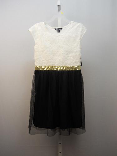 Girls SOUTACHE DRESS Solid White Flower Bodice Size L 10/12 Black Tulle Skirt