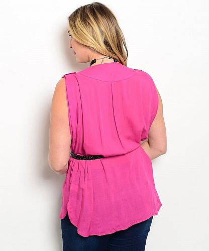 Shirt Womens PLUS SIZE XL Solid Pink Sleeveless Pockets Pullover Tab Shoulders