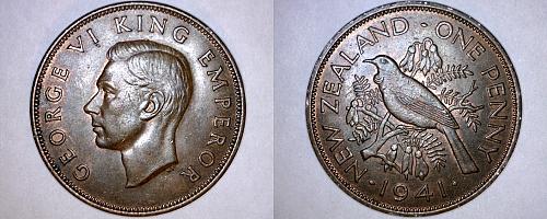 1941 New Zealand 1 Penny World Coin - Tui Bird - George VI