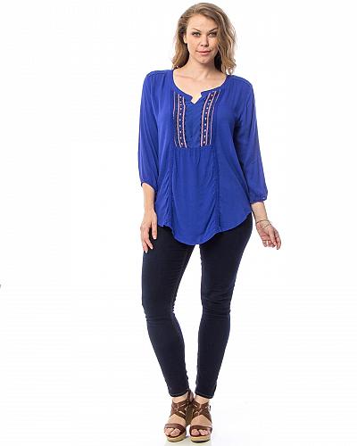 Womens Tunic Top PLUS SIZE 1X 2X Embroidered Scoop Neck Blue ¾ Sleeves ARAZA