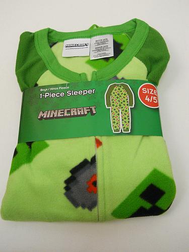 Boys 1 Piece Sleeper MINECRAFT Size 4/5 Green Fleece Zip Front Crew Neck Long Sl