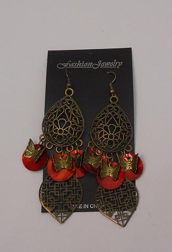 Women Red Shell Earrings Drop Dangle Brassy Gold Tones Hook Fasteners FASHION