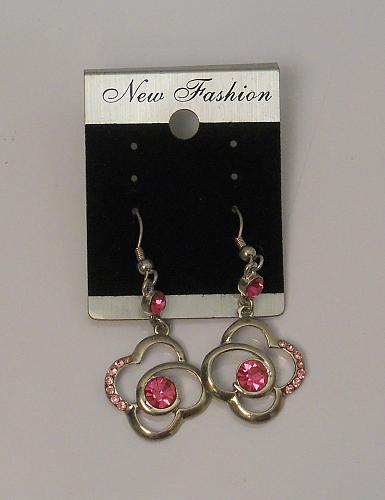 Women Flower Earrings Drop Dangle Pink Rhinestones Silver Tones Hook Fasteners