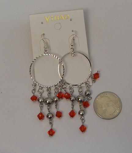 Women Red Beaded Earrings Drop Dangle Silver Tones Hook Fasteners YIHAO JEWELRY