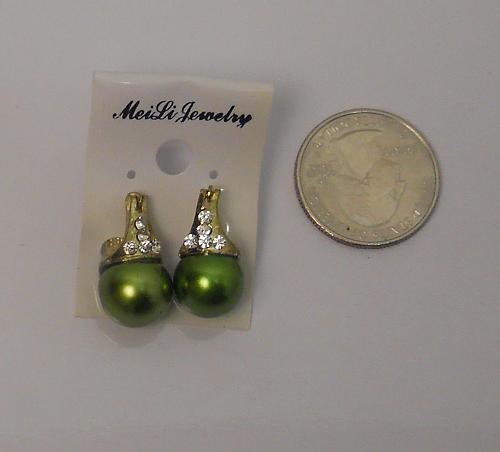 Women Green Huggie Earrings Rhinestones Gold Tones Snap Fasteners MEI LI JEWELRY