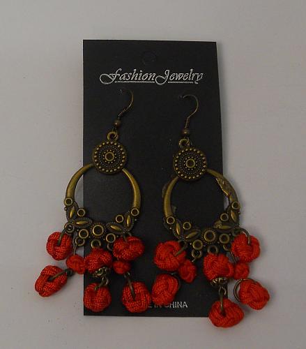 Women Red Monkey Knot Earrings Drop Dangle Gold Tones Hook Fasteners FASHION