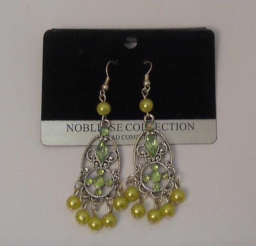 Women Earrings Green Rhinestones Drop Dangle Silver Tones Hook Fasteners NOBLESS
