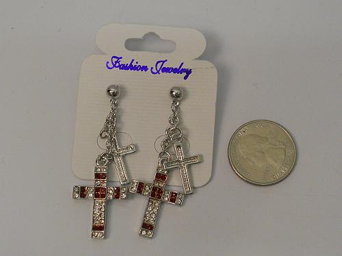 Women Cross Earrings Drop Dangle Red Rhinestones Silver Tones Fashion Push Back