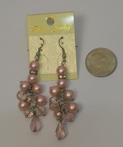 Earrings Women Beaded Rhinestones Drop Dangle Pink Silver Tones Hook Fasteners