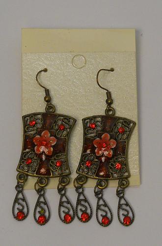 Women Fashion Earrings Red Rhinestones Brassy Gold Tones Drop Dangle Hook Fasten