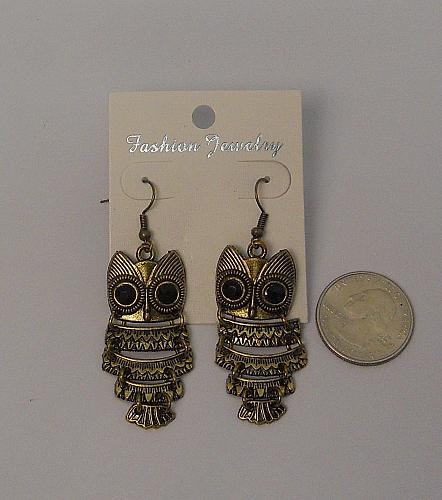 Women Owl Earrings Black Rhinestones Drop Dangle Gold Tones Hook Fasteners FASHI
