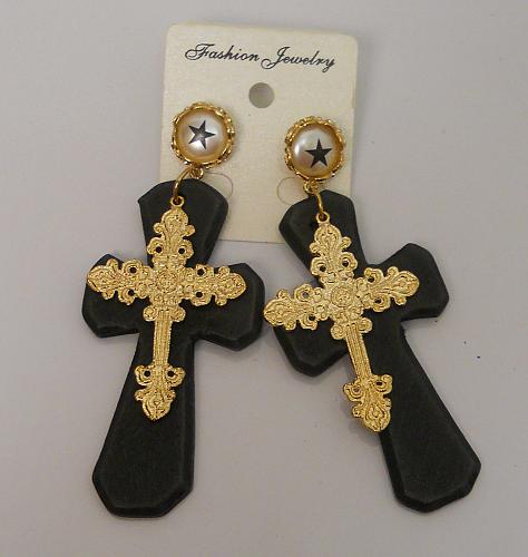 Women Earrings Large Wood Cross Gold Trim Fashion Drop Dangle Push Back Fastener