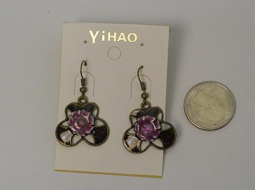 Women Flower Earrings Drop Dangle Brassy Purple Rhinestones Gold Tones Hook Fast