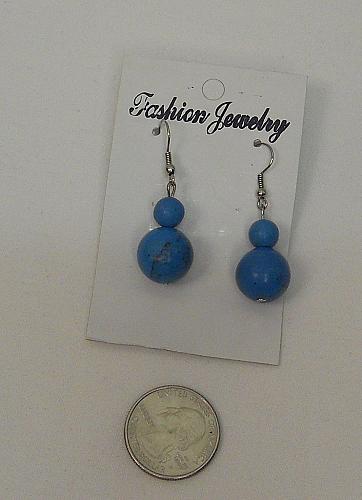 Women Blue Stone Beaded Earrings Drop Dangle Silver Tones Hook Fasteners FASHION