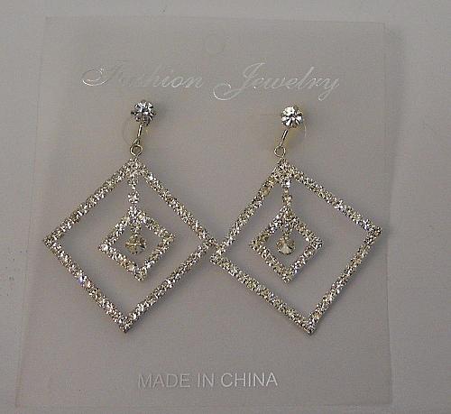 Women Square Rhinestone Earrings Drop Dangle Silver Tones Screw Fasteners FASHIO