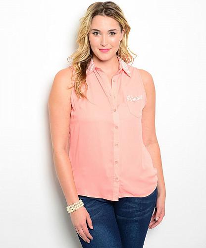 Womens Button Shirt PLUS SIZE 1X 3X Solid Coral Beaded Collar Sleeveless ZENOBIA