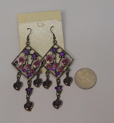 Women Earrings Purple Rhinestones Drop Dangle Brassy Gold Tones Hook Fasteners