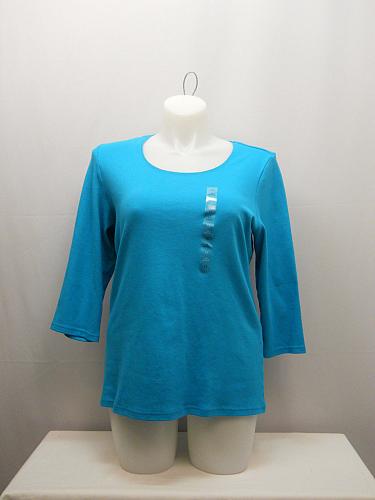 Women Knit Top PLUS SIZE 1X Solid Teal KAREN SCOTT ¾ Sleeves Scoop Neck Pullover