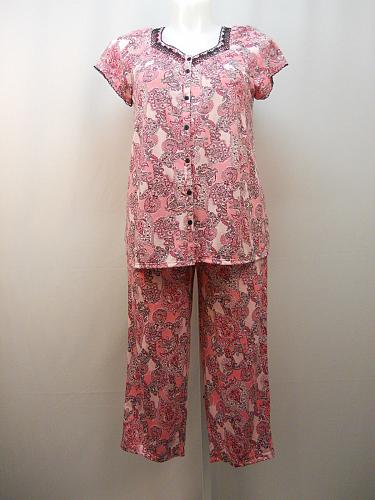 Pajama Set Women 2 Piece Knit ROSE PAISLEY PRINT SIZE S Short Sleeves Crop Pants