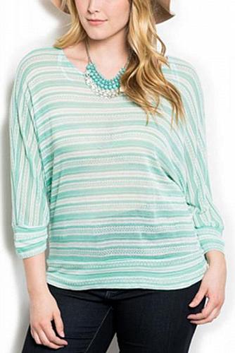 Womens Crochet Top PLUS SIZE 1XL 2XL 3XL ZENOBIA Sheer Mint Striped Dolman Sleev