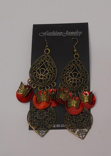 Women Red Shell Earrings Drop Dangle Brassy Gold Tones Hook Fasteners FASHION
