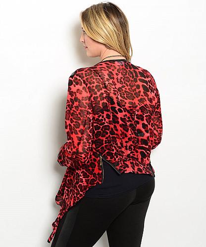 Womens Wrap Swing Cardigan Plus Size 2XL Sheer Asymmetrical Red Animal Print