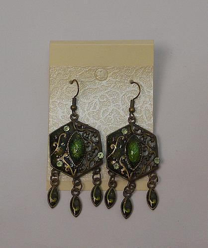 Women Earrings Green Rhinestones Drop Dangle Brassy Gold Tones Hook Fasteners