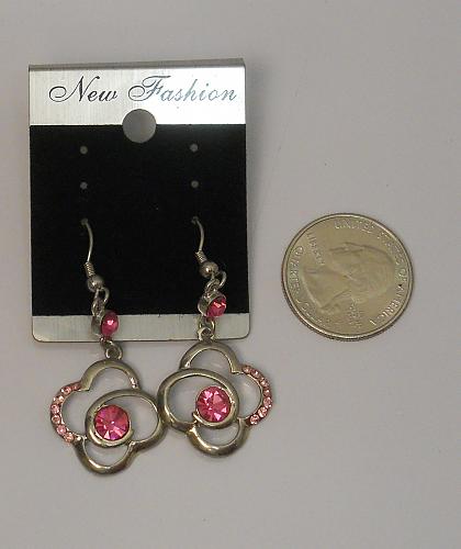 Women Flower Earrings Drop Dangle Pink Rhinestones Silver Tones Hook Fasteners