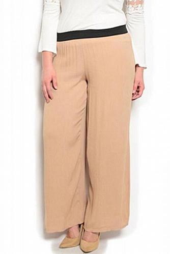 Pants Women Sheer Wide Legs PLUS SIZE 3XL ANGELA Crinkle Mocha Elastic Inseam 30