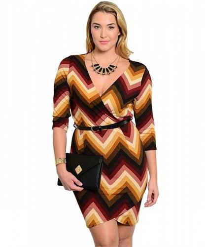 Womens Sheath Dress Chevron Belted 3/4 Sleeve PLUS SIZE 1XL 2XL 3XL JANETTE PLUS