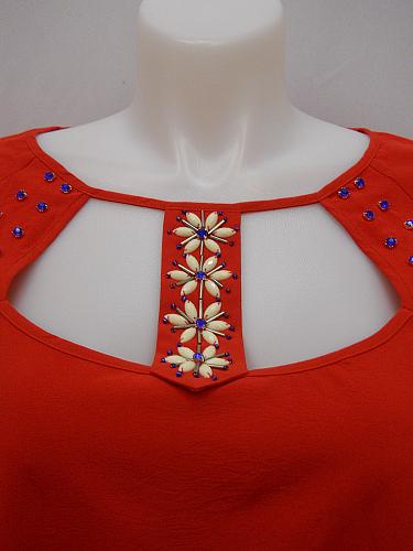 WAPI Womens Top PLUS SIZE 2X Solid Red Embellished Beaded Scoop Neck ¾ Sleeves