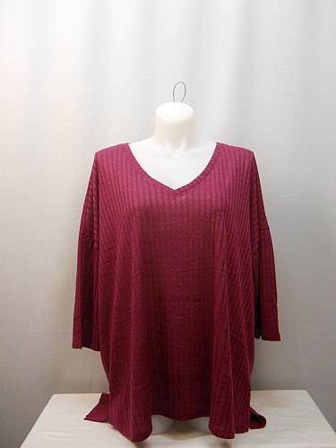 Women Knit Top PLUS SIZE 2X Solid Berry V-Neck Rib Hacci Pullover