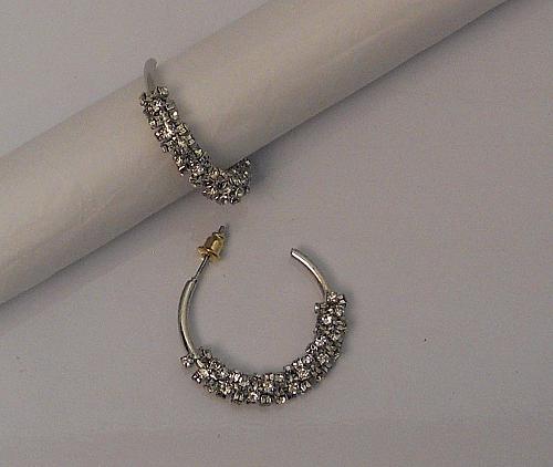 Women Hoop Earrings Rhinestones Silver Tones Push Back Fasteners YIHAO JEWELRY