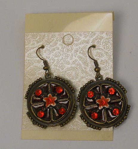 Women Fashion Earrings Red Rhinestones Drop Dangle Brassy Gold Tones Hook Fasten