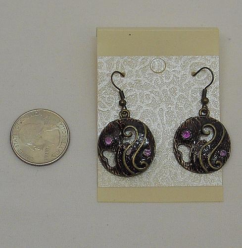 Women Round Earrings Drop Dangle Purple Rhinestones Brassy Gold Tones Hooks