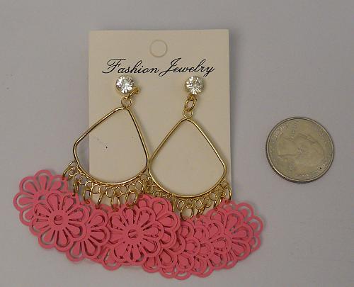 Women Earrings Drop Dangle Pink Flower Gold Tones Rhinestones Push Back Fastener