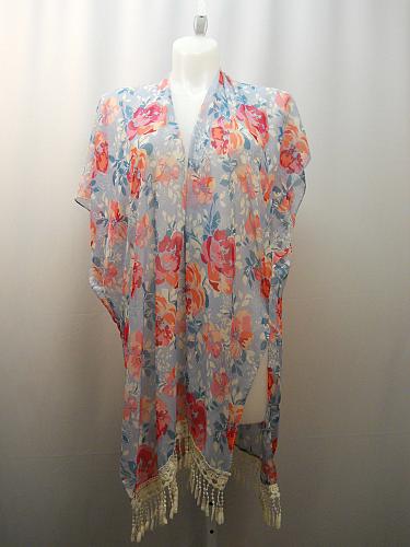 Womens Kimono Wrap Cardigan Swimsuit Cover Up One Size Floral Print Fringed