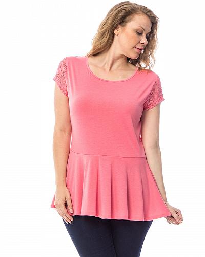 Women Peplum Top SIZE 1X Solid Pink Lace Back Short Sleeves Scoop Neck ROMAN