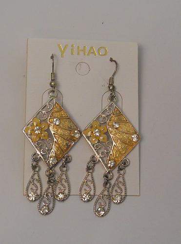 Women Flower Earrings Drop Dangle Rhinestones Silver Tones Hook Fasteners YIHAO