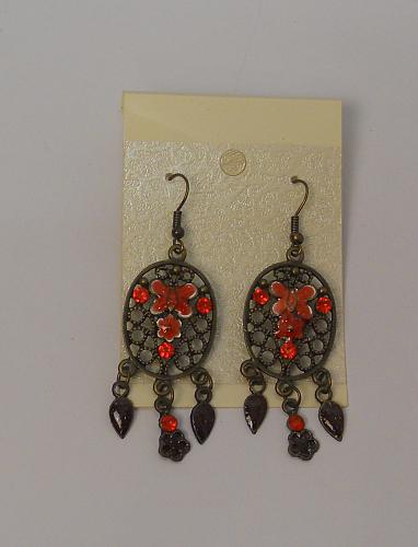 Women Earrings Drop Dangle Red Rhinestones Brassy Gold Tones Hook Fasteners