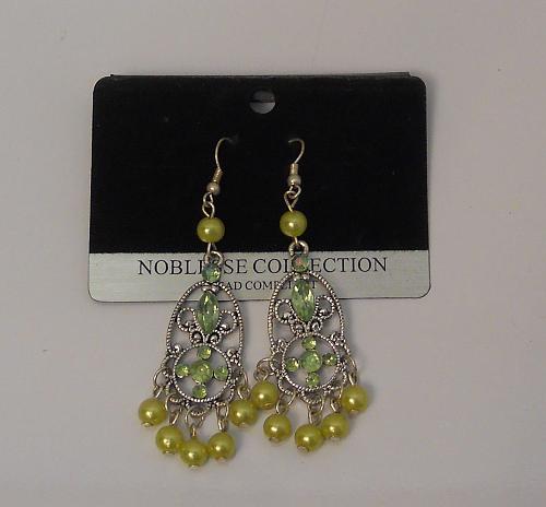 Women Earrings Green Rhinestones Drop Dangle Silver Tones Hook Fasteners NOBLESS