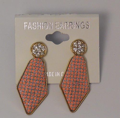 Women Earrings Drop Dangle Pink Glitter Rhinestones Silver Tones Push Back Faste