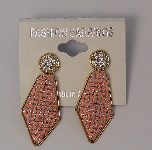 Women Earrings Drop Dangle Pink Glitter Rhinestones Silver Tones Push Back Faste